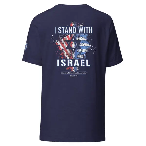 I Stand With Israel Shirt featuring beautiful design of the American Flag and Israeli Flag intertwined together with Star of David in middle with text that says I Stand With Israel heather midnight navy color