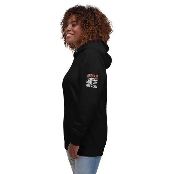 Black color Trump patriotic hoodie left sleeve product image with Redeem The Flag logo featuring the American Flag and Eagle