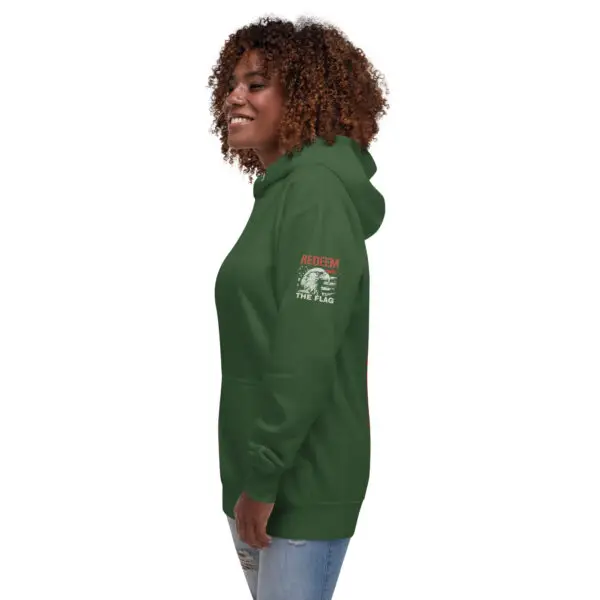 Forest green color Trump patriotic hoodie left sleeve product image with Redeem The Flag logo featuring the American Flag and Eagle