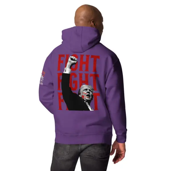 Purple color Fight Fight Fight Trump Patriotic Hoodies product image with Trump graphic with fist in the air with bold red text that says Fight Fight Fight