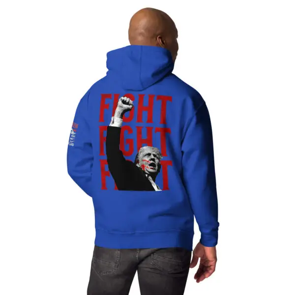 Team royal blue color Fight Fight Fight Trump Patriotic Hoodies product image with Trump graphic with fist in the air with bold red text that says Fight Fight Fight