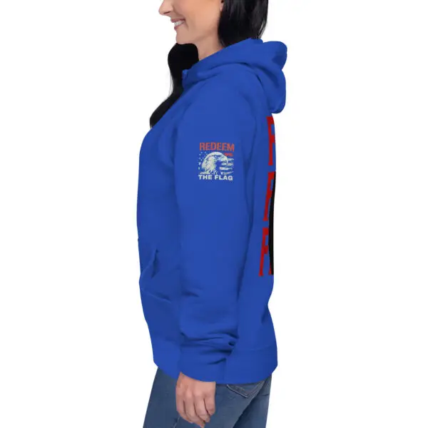 Team royal blue color Trump patriotic hoodie left sleeve product image with Redeem The Flag logo featuring the American Flag and Eagle