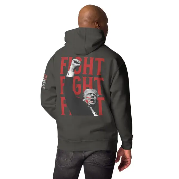 Vintage black color Fight Fight Fight Trump Patriotic Hoodies product image with Trump graphic with fist in the air with bold red text that says Fight Fight Fight